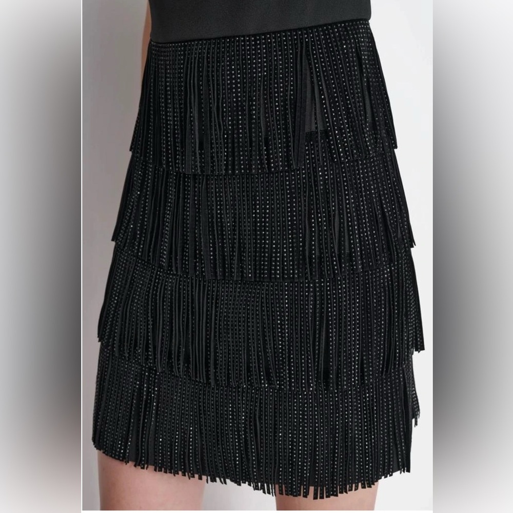 DKNY Women’s Black Fringe Dress with Tiered Design - Picture 3 of 9
